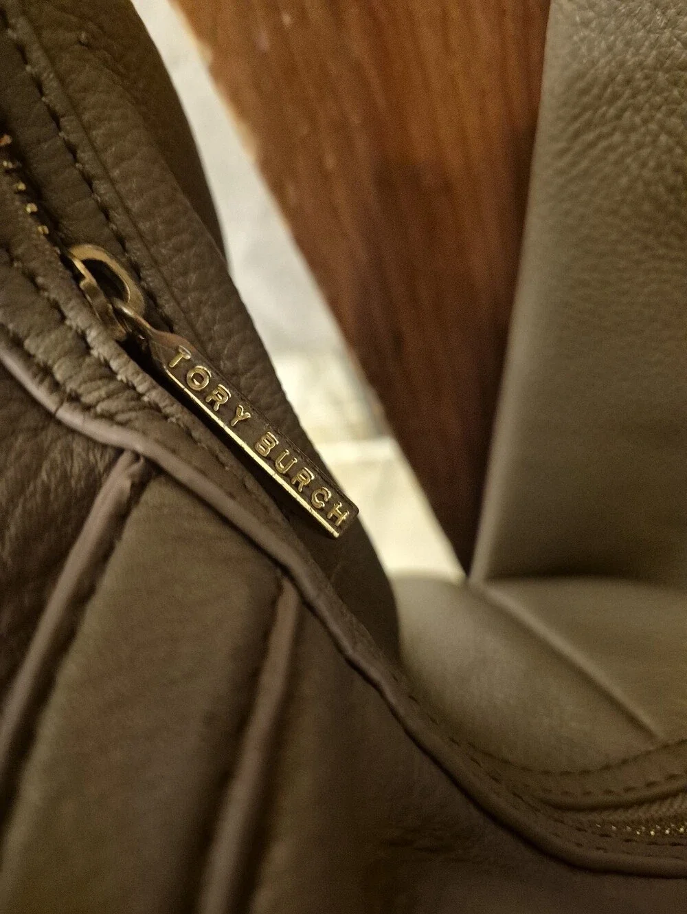 Tory Burch Taupe Pebbled Leather Hobo with Gold Logo Medallion